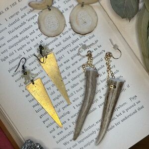 Brass Bone & Natural Horn Earrings Lot (3) Natural Woods Witch Boho